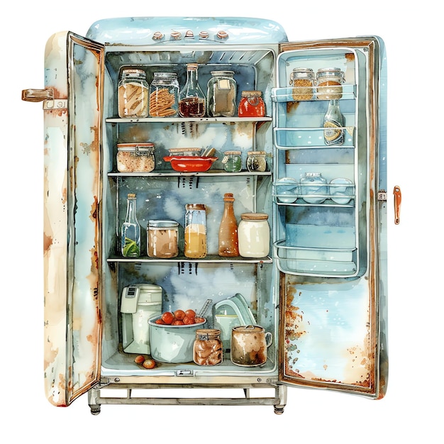 steampunk clipart of Retro Country Kitchen Fridge with Food refrigerator shabby chic style cool