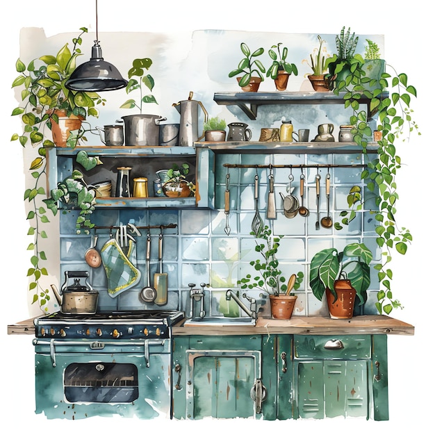 steampunk clipart of rustic clean kitchen with plants cool futuristic and old