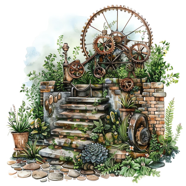 steampunk clipart of rustic garden cool futuristic and old