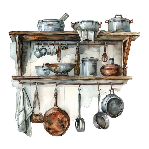 steampunk clipart of Rustic kitchen shelves with hanging pots cool futuristic and old