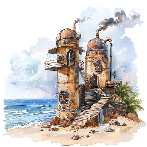 steampunk clipart of sunny beach cool futuristic and old