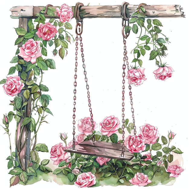 steampunk clipart of swing in a garden with pink roses cool futuristic and old