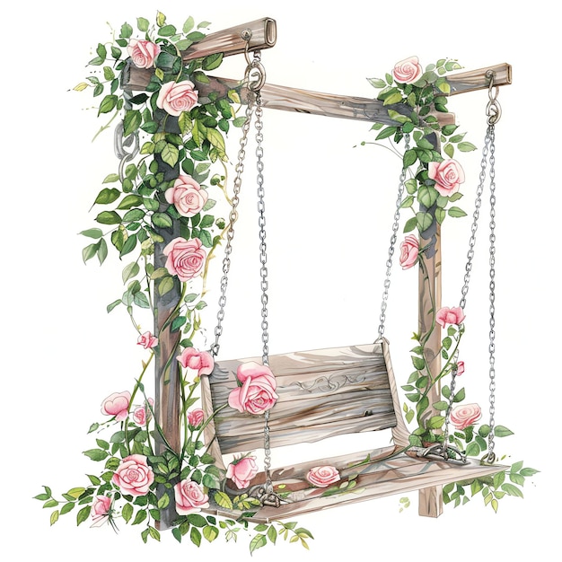 steampunk clipart of swing in a garden with pink roses cool futuristic and old