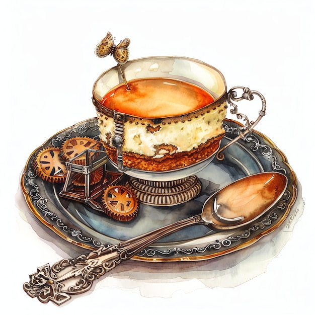 steampunk clipart of Tea with cheesecake cool futuristic and old