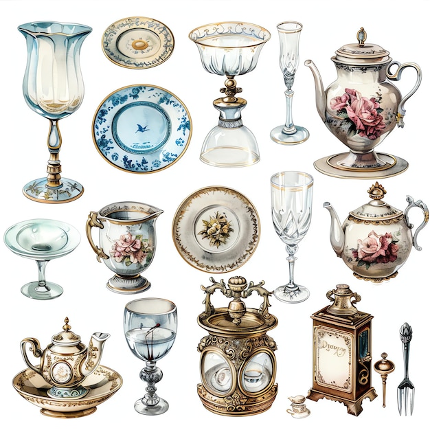 steampunk clipart of Vintage china and glassware collections cool futuristic and old