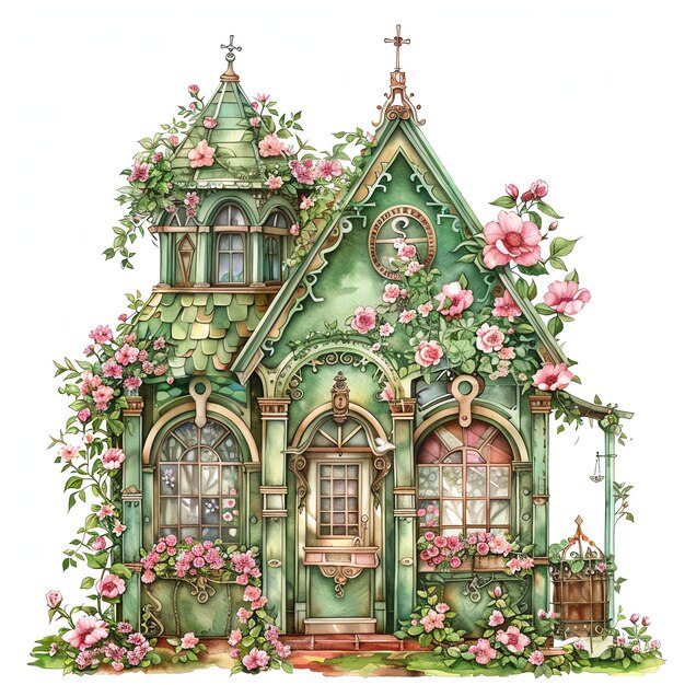 steampunk clipart of vintage teahouse surrounded by blooming flowers and ivy covered walls cool