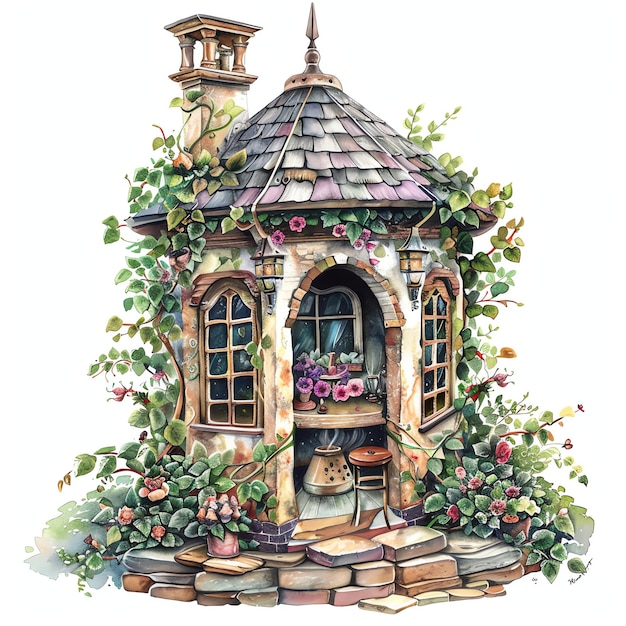 steampunk clipart of vintage teahouse surrounded by blooming flowers and ivy covered walls cool