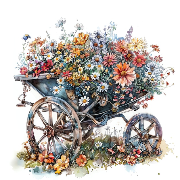 steampunk clipart of wheelbarrow full of flowers cool futuristic and old