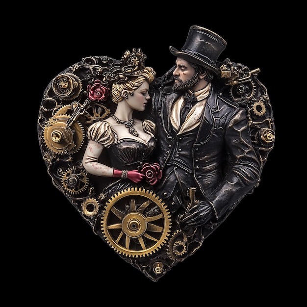 Photo steampunk couple in love with intricate gears and cogs surrounding them in a heart shape