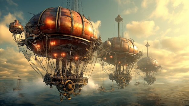 Steampunk dirigibles sailing over a steaming sea