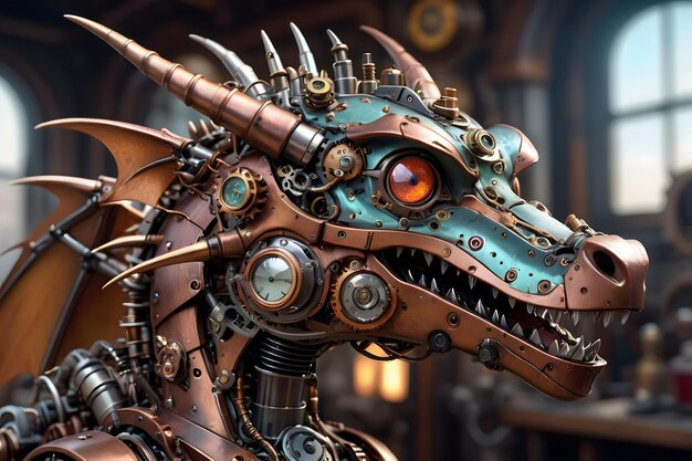 Photo steampunk dragon head close up