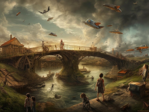 Steampunk fantasy illustration art landscape pastel square clouds levitation game scene futuristic