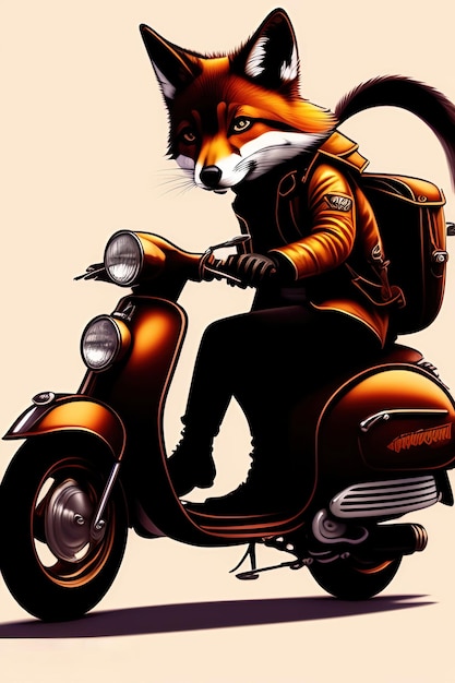 A steampunk fox fursona with boots sitting on a Vespa moped with sunglasses