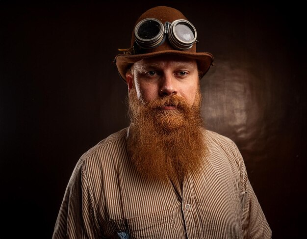 Photo steampunk gentleman portrait victorian man with goggles and mechanical accessories headshot