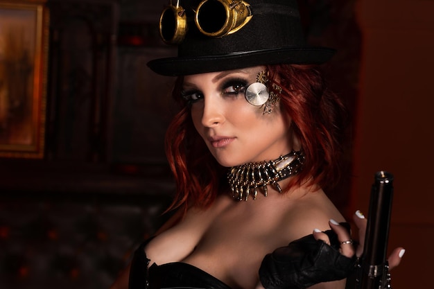 Steampunk girl hat with deep neckline round glasses portrait