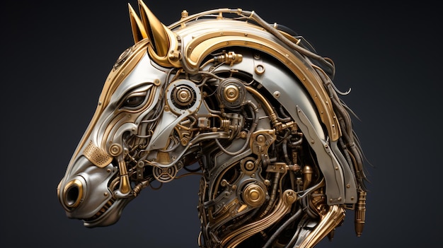 Steampunk golden mechanical horse head