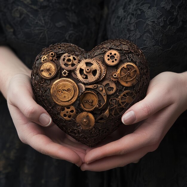 Photo steampunk heart held in hands