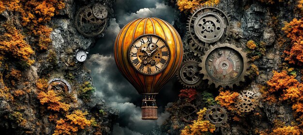 Photo steampunk hot air balloon adorned with clock navigating a dreamlike world of gears and time