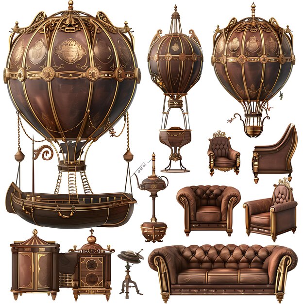 Steampunk Hot Air Balloon Furniture Set With Brass and Leath Illustration Furniture Game Assets