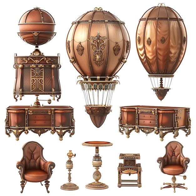 Steampunk Hot Air Balloon Furniture Set With Brass and Leath Illustration Furniture Game Assets