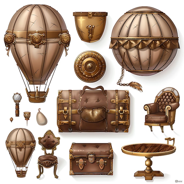 Photo steampunk hot air balloon furniture set with brass and leath illustration furniture game assets