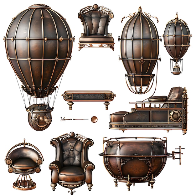 Steampunk Hot Air Balloon Furniture Set With Brass and Leath Illustration Furniture Game Assets