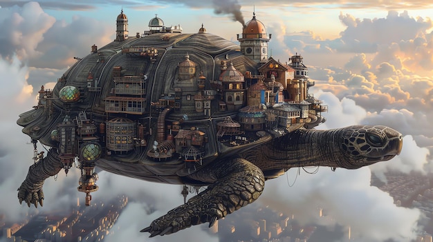 A steampunk illustration of a giant turtle with a city on its back