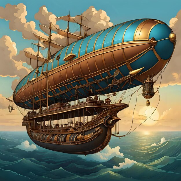 Photo steampunk illustration of majestic airship with balloon above sea