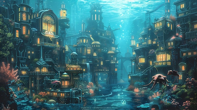 Steampunk Inspired Underwater City with Mechanical Sea Creatures Futuristic Fantasy Concept