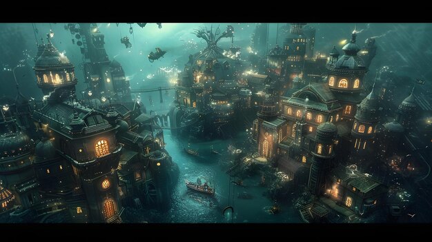 Steampunk Inspired Underwater Metropolis with Mechanical Sea Creatures