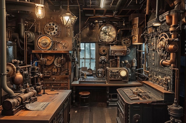 In a steampunk inventors workshop contraptions gears and steampowered machinery abound creating an atmosphere of innovation and mechanical marvels