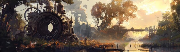 Steampunk Machine in a Misty Forest Landscape A steampunk machine stands abandoned in a misty