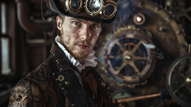 Photo a steampunk man looks intently at the camera