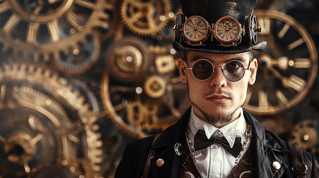 Photo a steampunk man with a top hat and goggles in front of a wall of clock gears