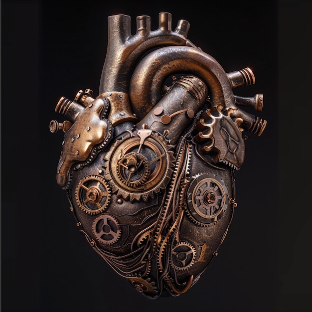 Photo steampunk mechanical heart ticking with metal cog wheels and valves