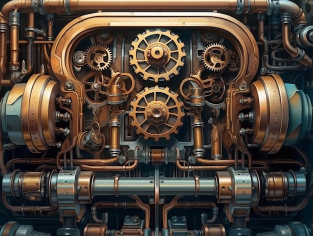 Steampunk mechanism with gears and cogwheels on a dark background