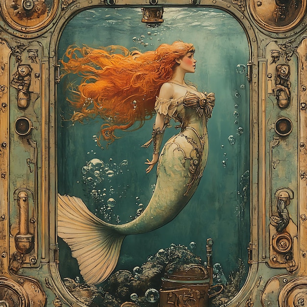 Photo steampunk mermaid encased in an ornate frame