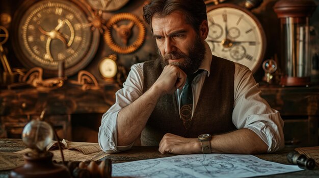 Steampunk portrait of an inventor surrounded by blueprints and clockwork devices his thoughtful expression reflecting the ingenuity and creativity central to the steampunk aesthetic