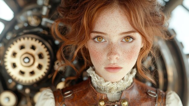 Photo steampunk portrait of a young woman with fiery red hair