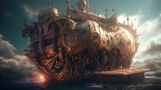 A steampunk ship is floating in the ocean.