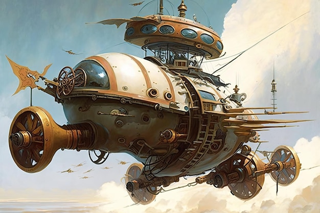 A steampunk ship is flying in the sky.