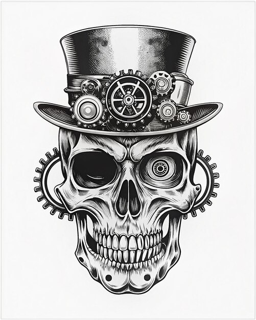 Steampunk Skull featuring cog details metallic eye and a top hat blending retro and futuristic vibes