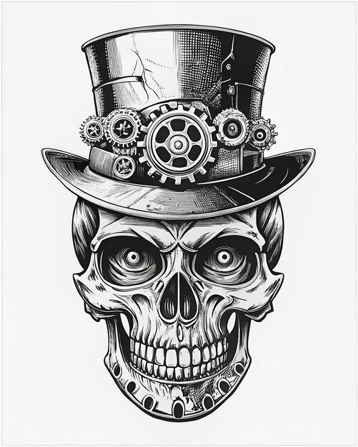 Steampunk Skull featuring cog details metallic eye and a top hat blending retro and futuristic vibes