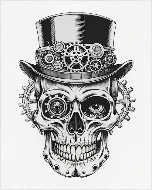 Steampunk Skull featuring cog details metallic eye and a top hat blending retro and futuristic vibes