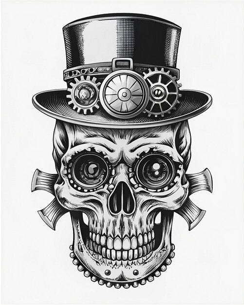 Steampunk Skull featuring cog details metallic eye and a top hat blending retro and futuristic vibes