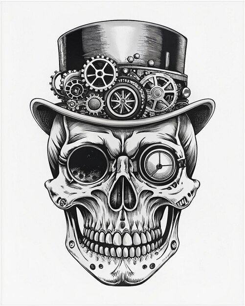 Photo steampunk skull with gears cogs metallic eye and a top hat fusing vintage futuristic styles