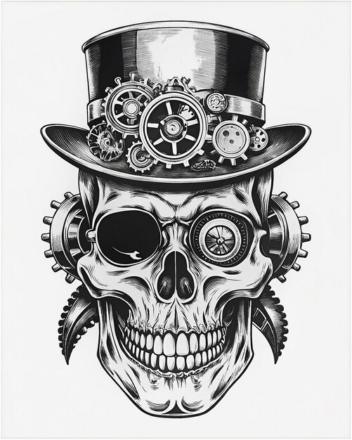 Steampunk Skull with gears cogs metallic eye and a top hat fusing vintage futuristic styles