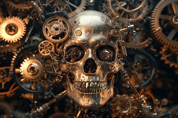 A steampunk skull with mechanical enhancements and