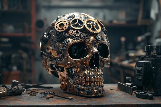 A steampunk skull with mechanical gears and brass