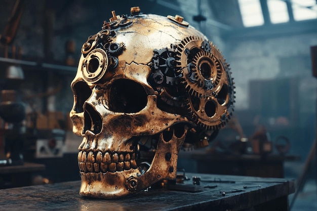 A steampunk skull with mechanical gears and brass